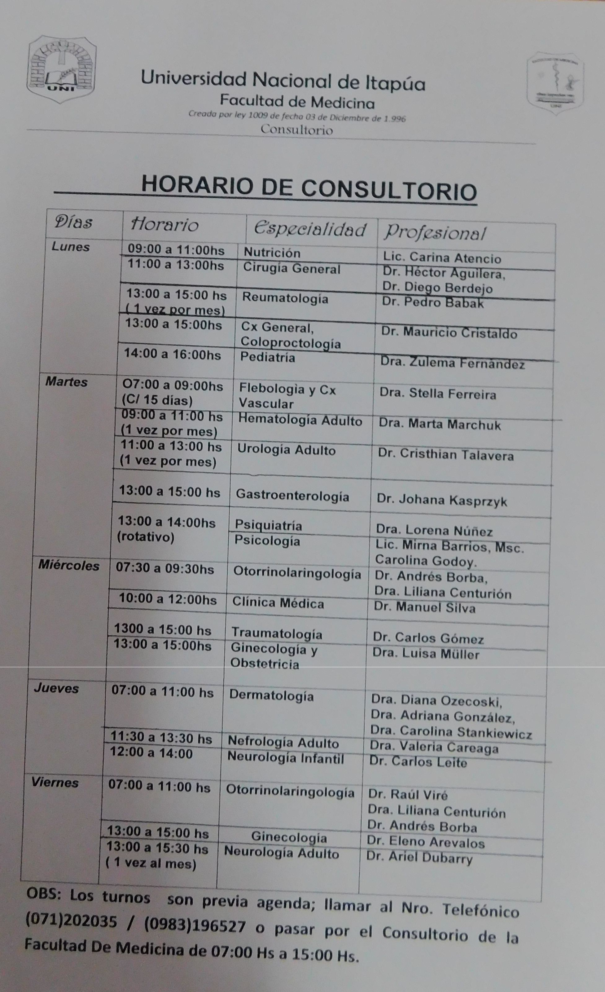 Horario de Consultorio de la Facultad de Medicina UNI 2018