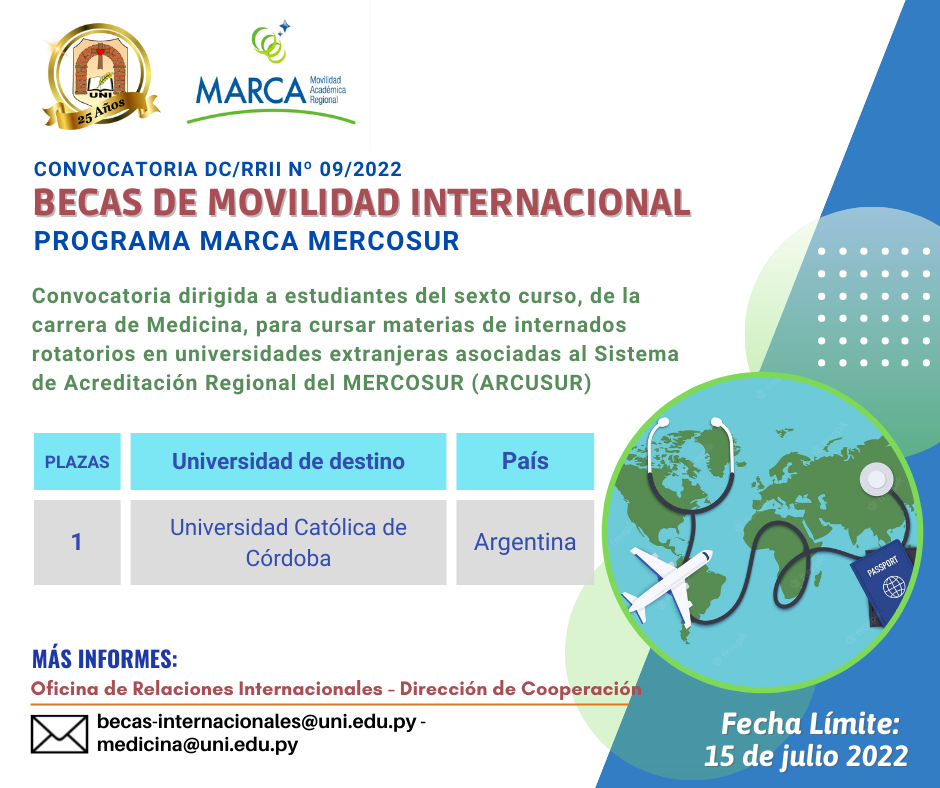 Convocatoria a becas de movilidad internacional DC/RRII N° 09/2022 Programa MARCA/ Mercosur